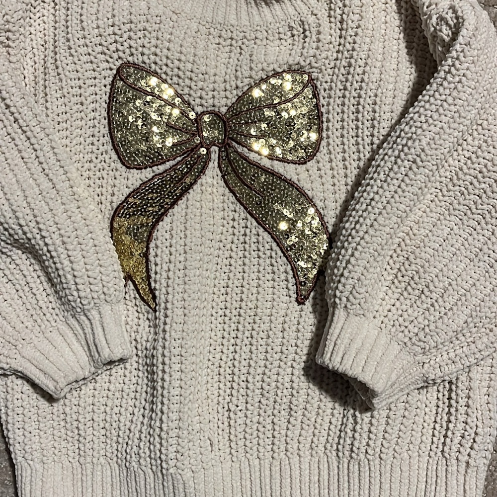 H&M White Sweater with Gold Sequin Bow